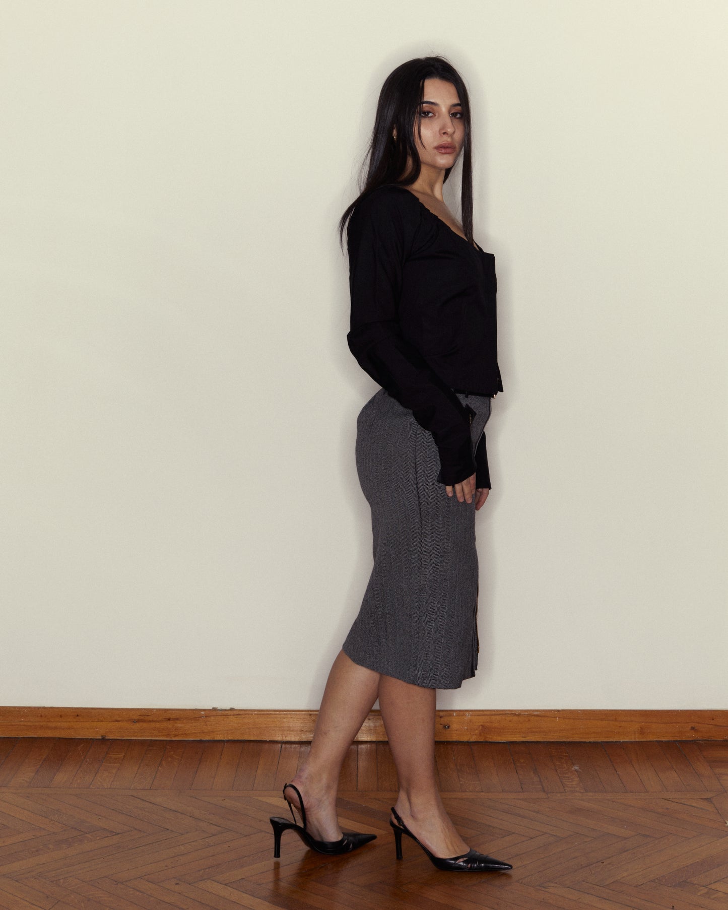 GUCCI WOOL AND LEATHER ZIP SKIRT