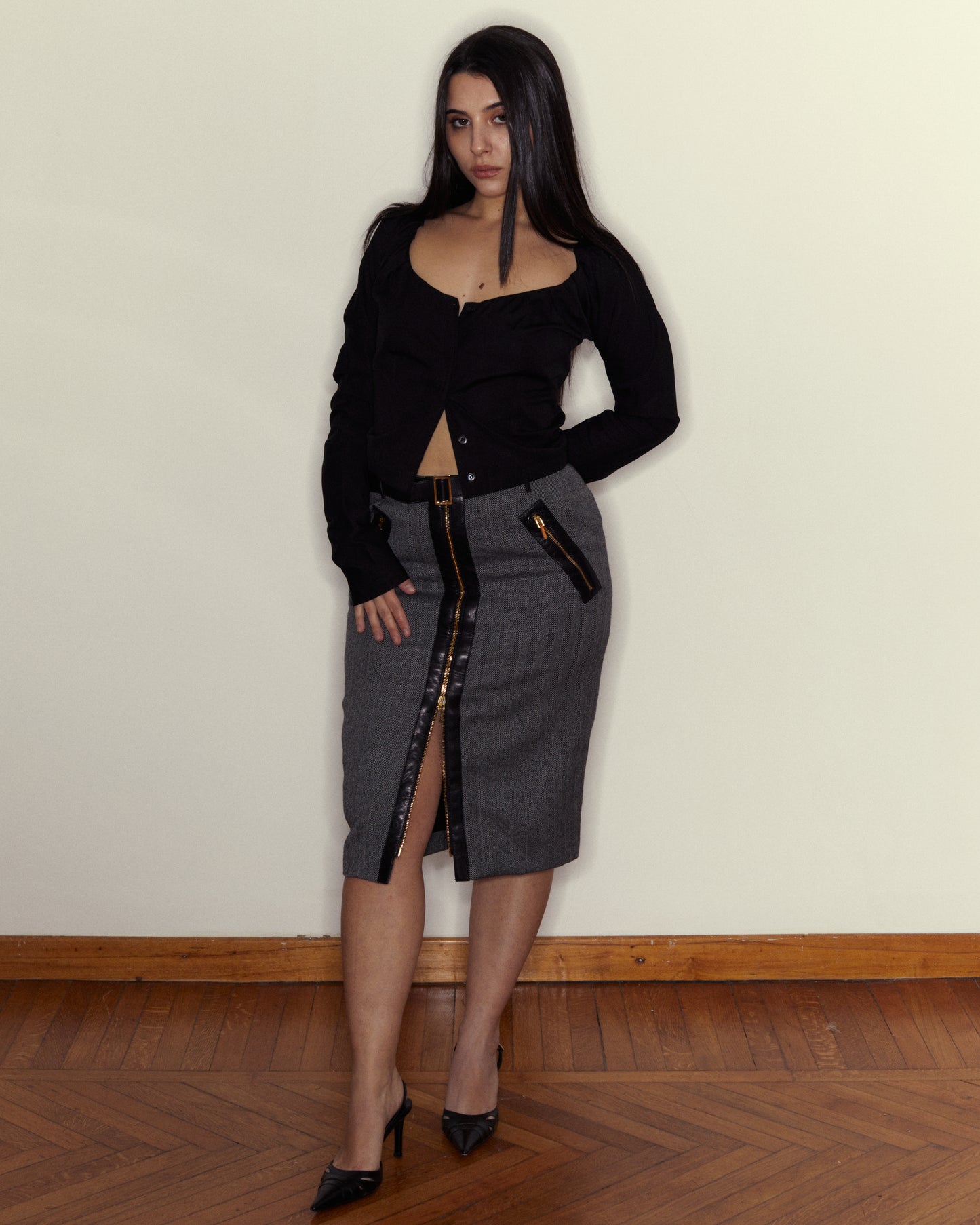 GUCCI WOOL AND LEATHER ZIP SKIRT
