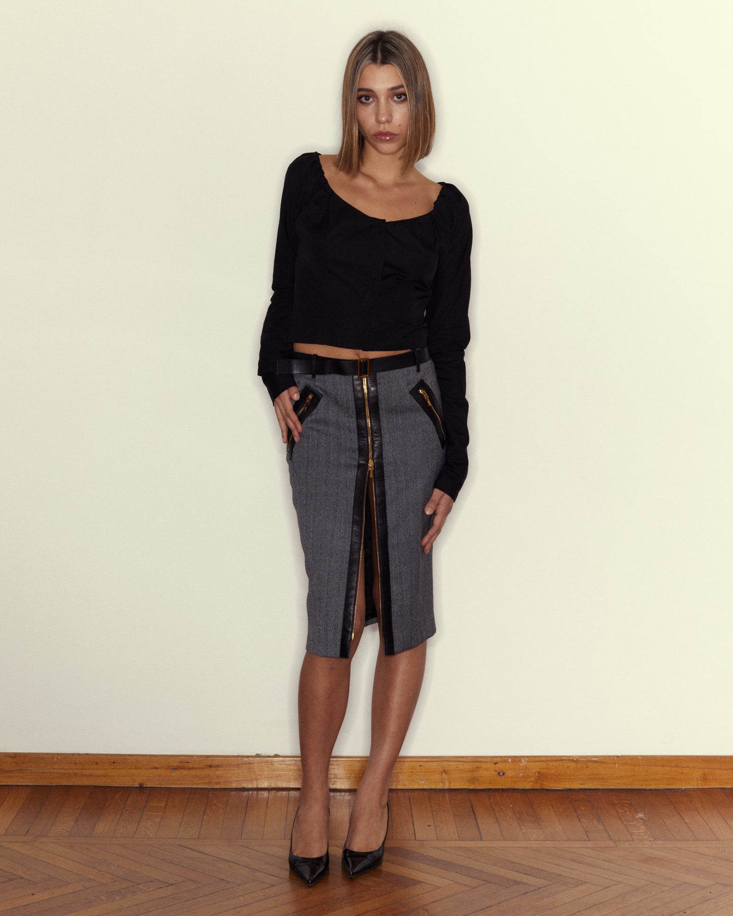 GUCCI WOOL AND LEATHER ZIP SKIRT