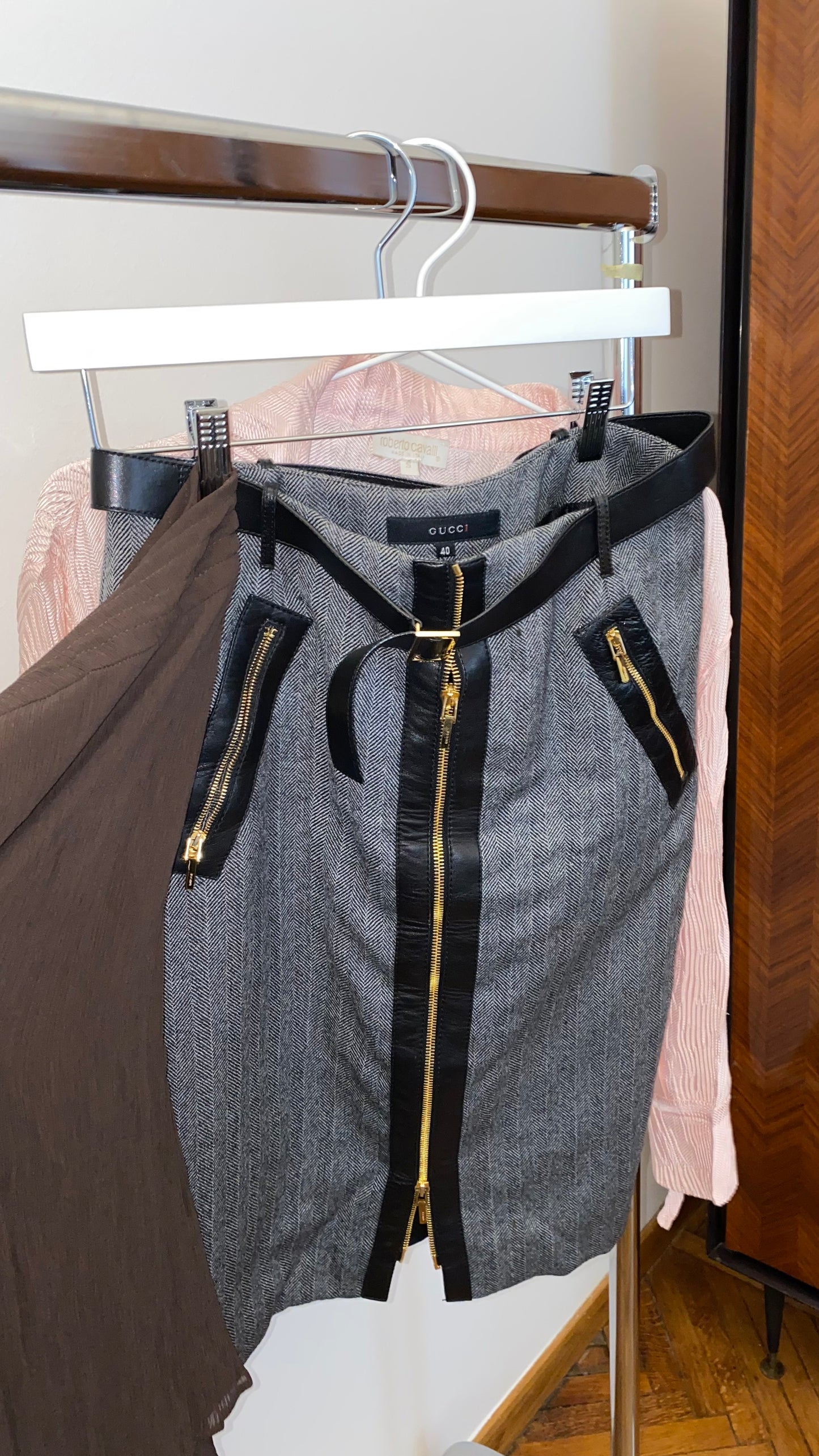 GUCCI WOOL AND LEATHER ZIP SKIRT